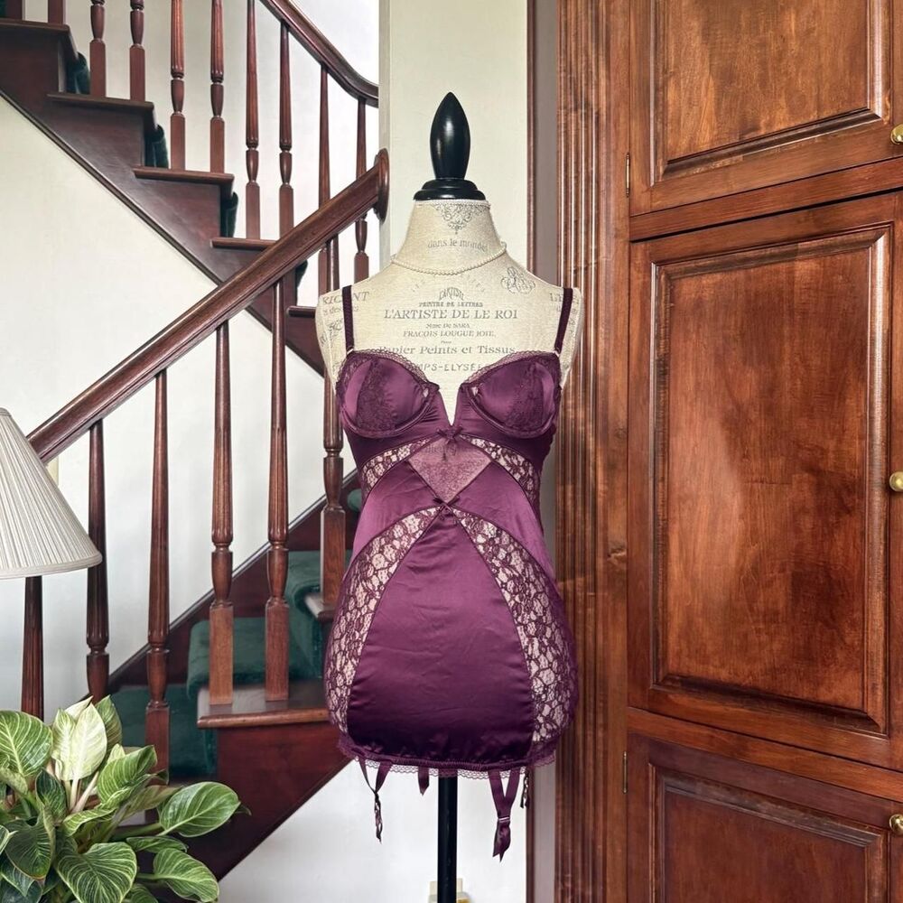Victorias Secret Lace Lingerie Bustier Babydoll Purple Plum Burgundy Nightwear
